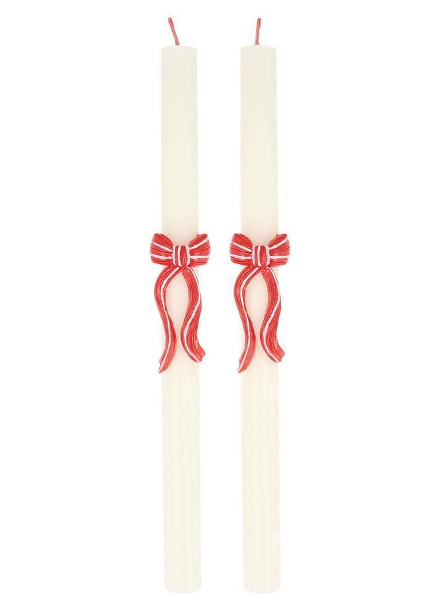 Red Stripy Bow Table Candles (Set of 2)