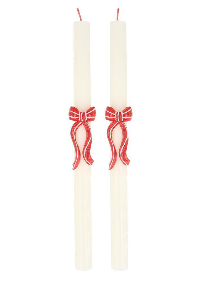 Red Stripy Bow Table Candles (Set of 2)