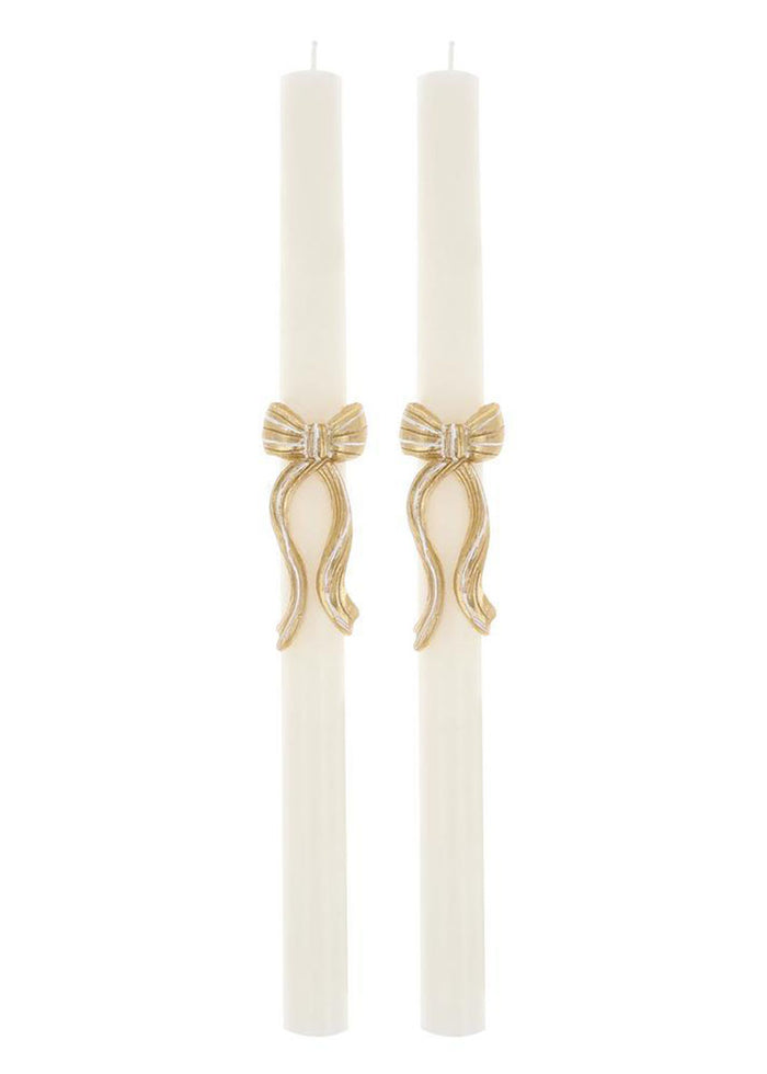 Gold Stripy Bow Table Candles (Set of 2)