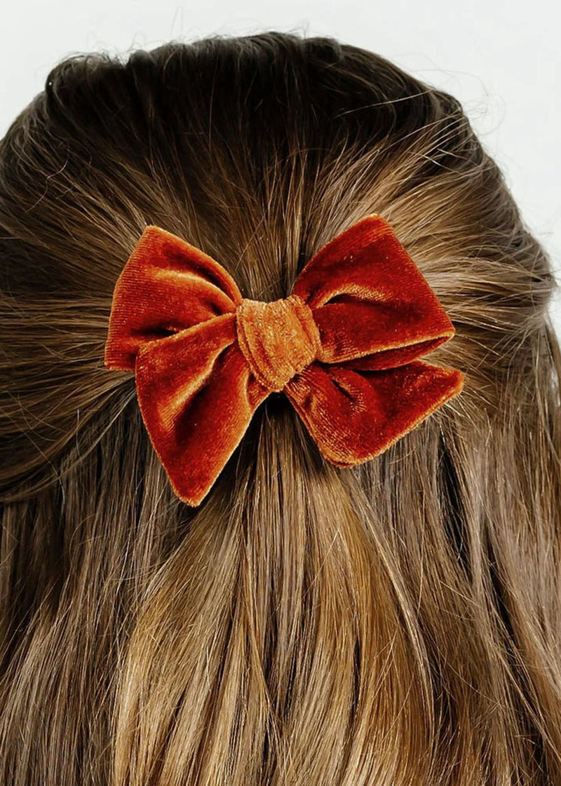 Small Velvet Bow Clip Pigtail Set - Rust