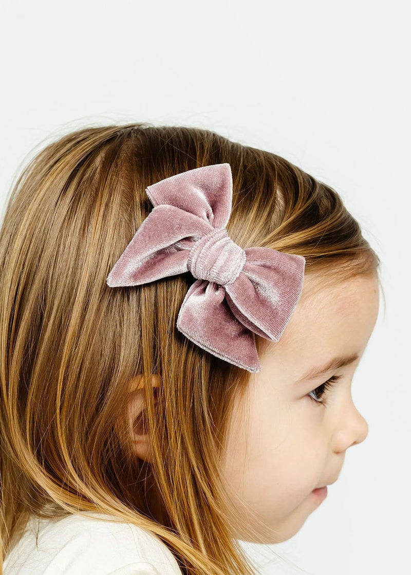 Small Velvet Bow Clip Pigtail Set - Mauve