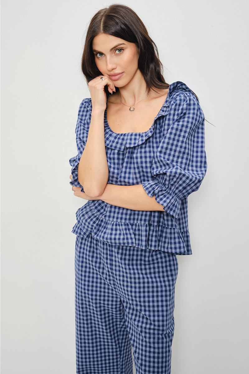 Barron Gingham Frill Top - Navy