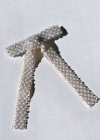 Embellished Grid Hair Bow Clip - White Pearl