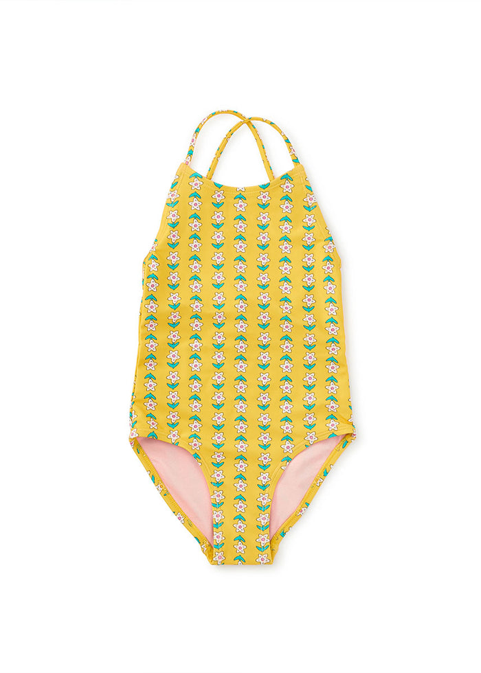 Cross-Back One-Piece Swimsuit - Vintage Floral Tile