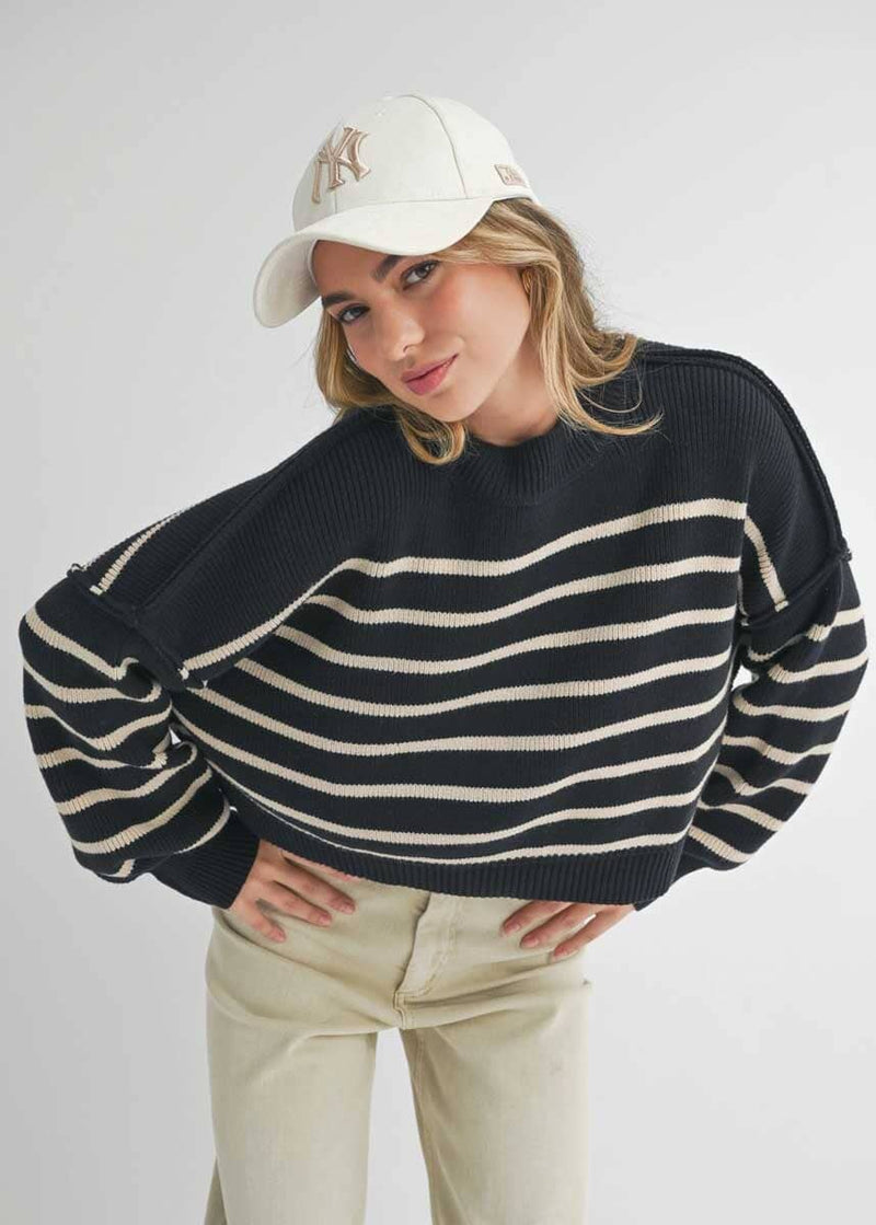 Mary Striped Mock Neck Sweater - Black & Tan
