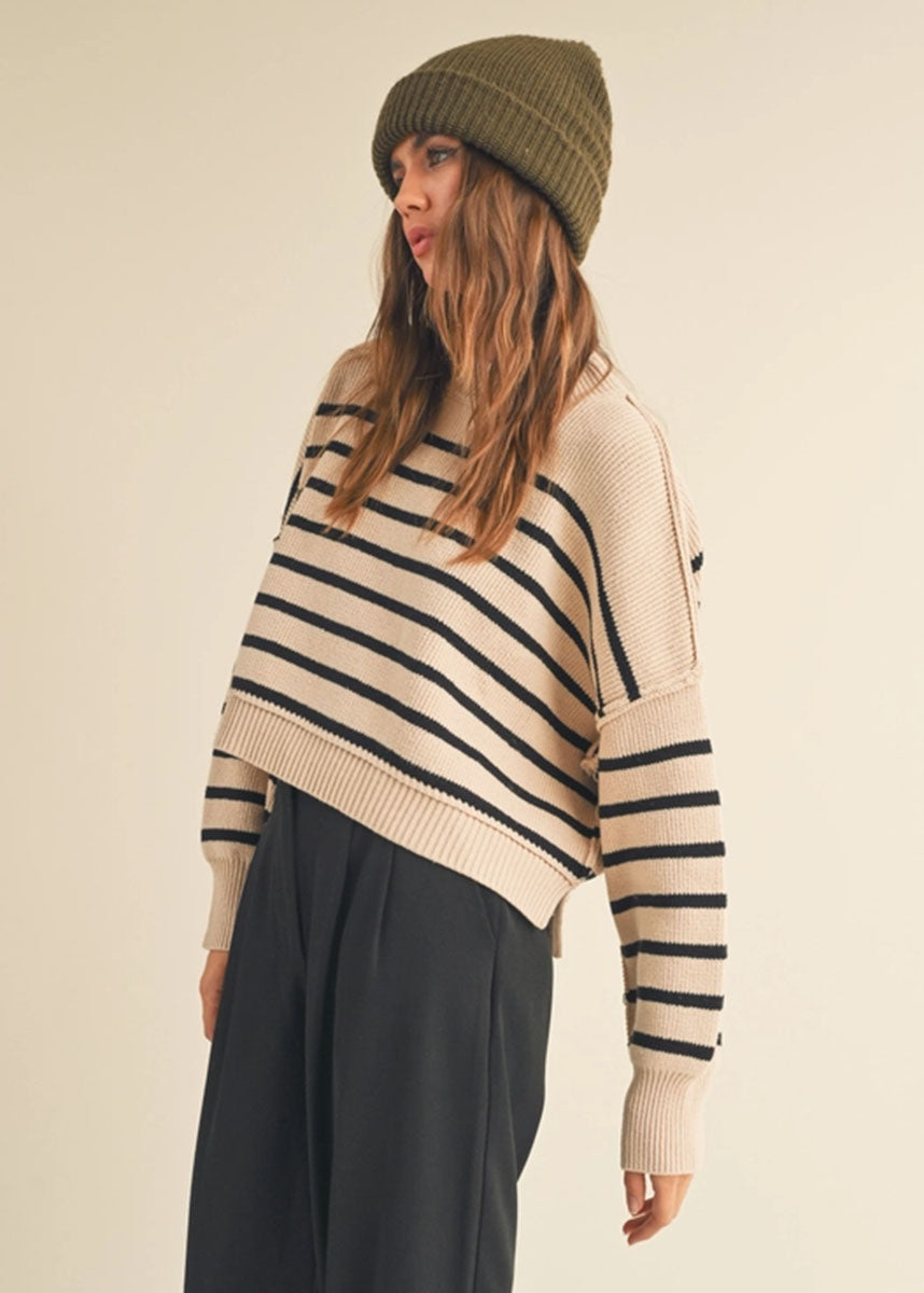 Mary Striped Mock Neck Sweater - Tan & Black