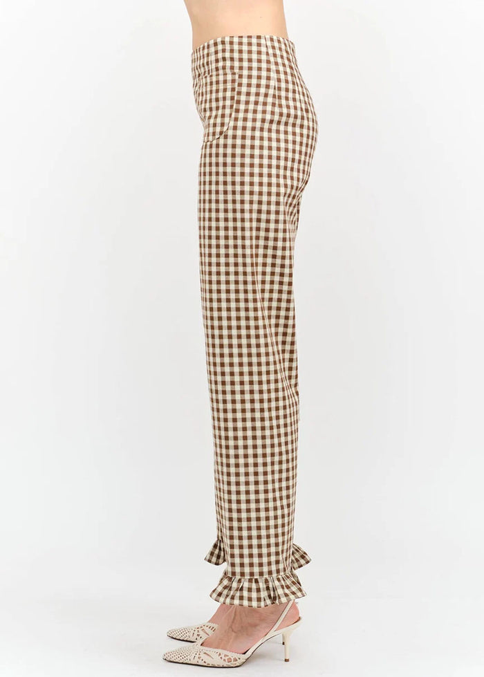 Paloma Straight Ruffle Gingham Pant - Brown
