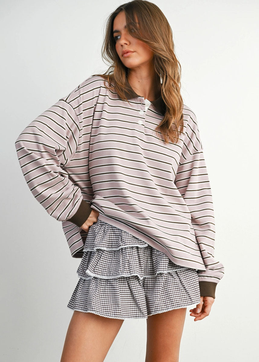 Megan Quarter-Button Stripe Collared Top - Mauve & Brown