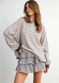 Megan Quarter-Button Stripe Collared Top - Mauve & Brown