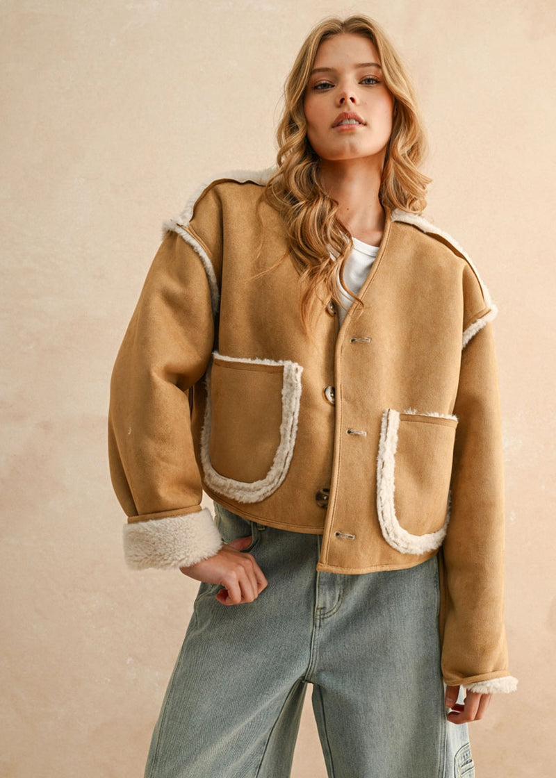Judy Reversible Suede & Sherpa Jacket - Camel