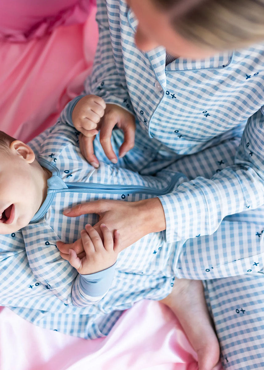 Blue XO Gingham Zipper Romper