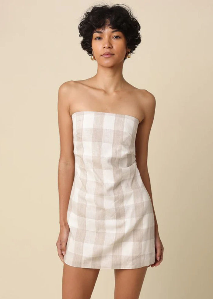 Gia Gingham Strapless Mini Dress - Khaki