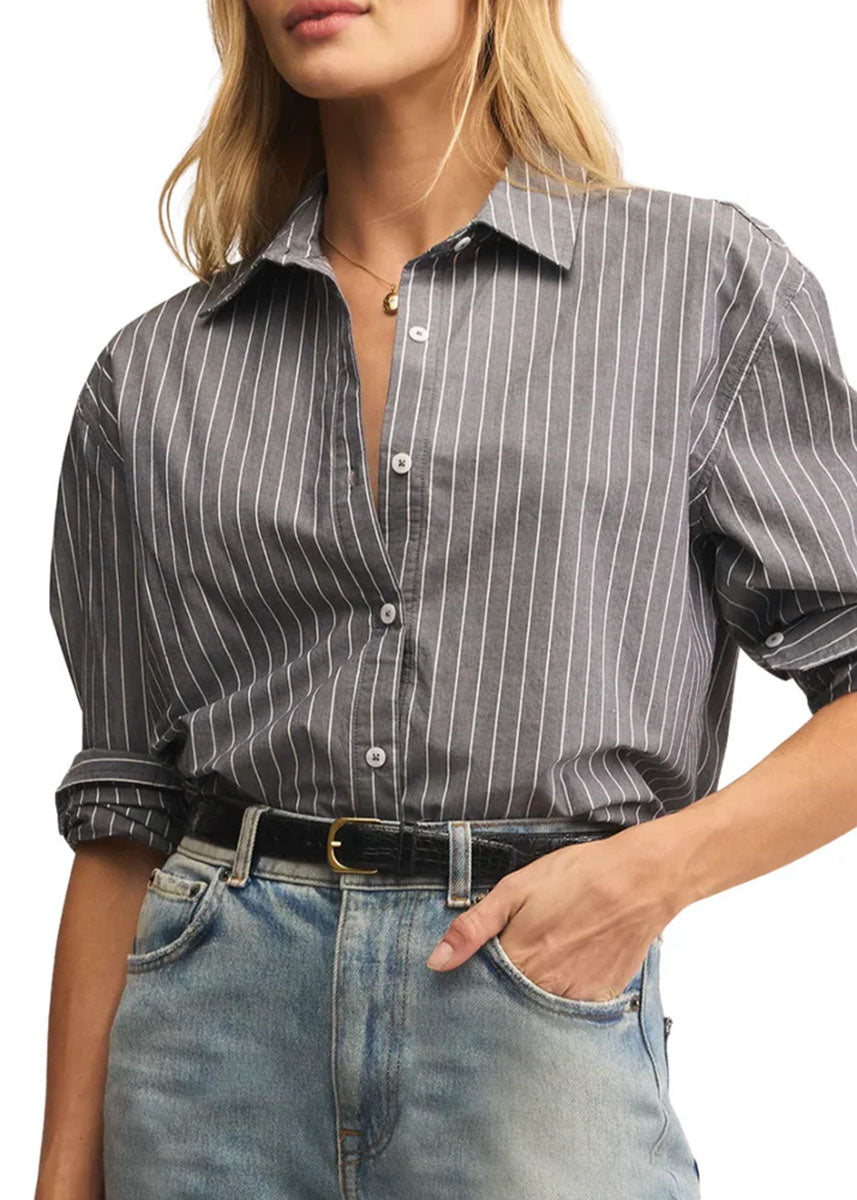 Seaport Striped Poplin Shirt - Washed Grey