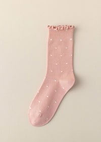 Polka Dot Ruffle Lace Mid Socks - Pink