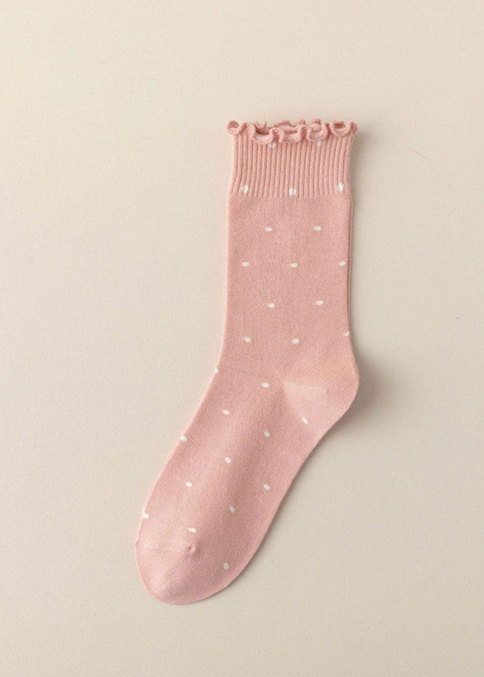 Polka Dot Ruffle Lace Mid Socks - Pink