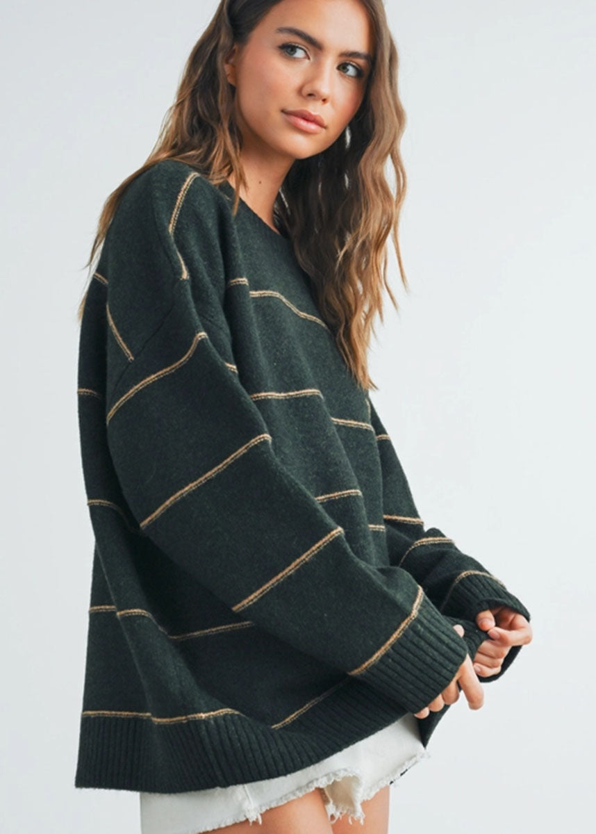 Carlyle Striped Drop-Shoulder Sweater - Olive Multi