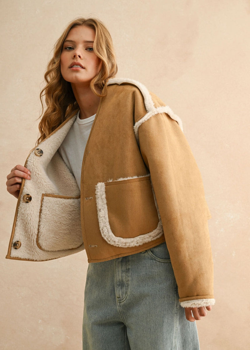 Judy Reversible Suede & Sherpa Jacket - Camel