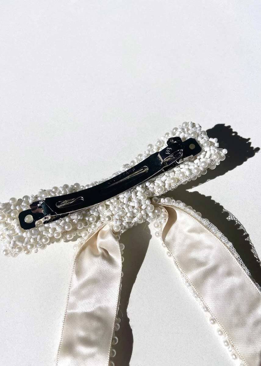 Beaded Hair Bow Clip - White Pearl