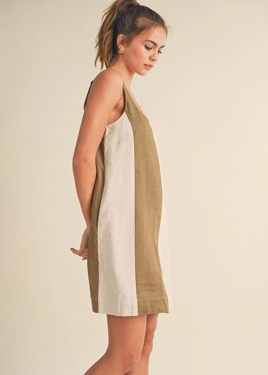Laurel Color Block Linen Mini Dress - Olive & Oatmeal