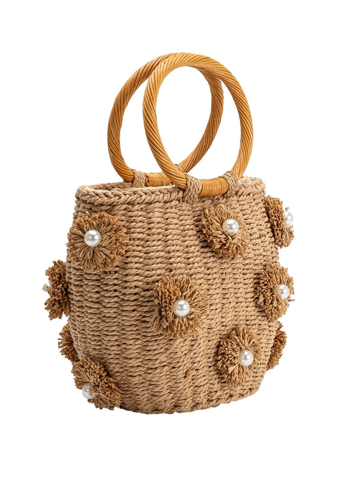 Mary Straw Flower Handle Bag - Tan