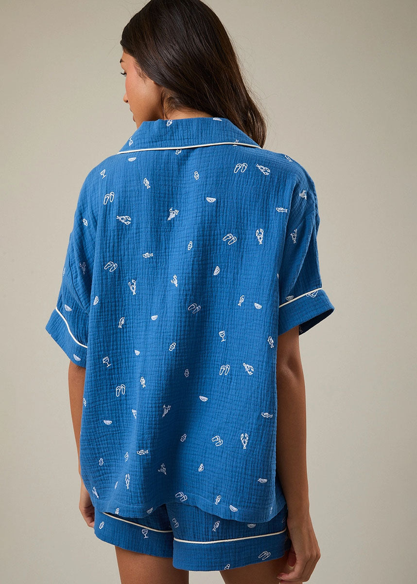 Verona Embroidered Pajama Top - Blue & White