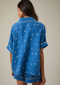 Verona Embroidered Pajama Top - Blue & White