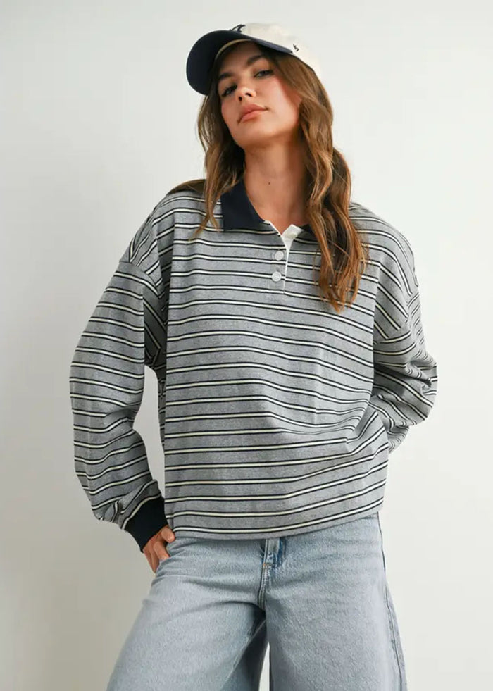 Megan Quarter Button Stripe Collared Top - Grey & Navy