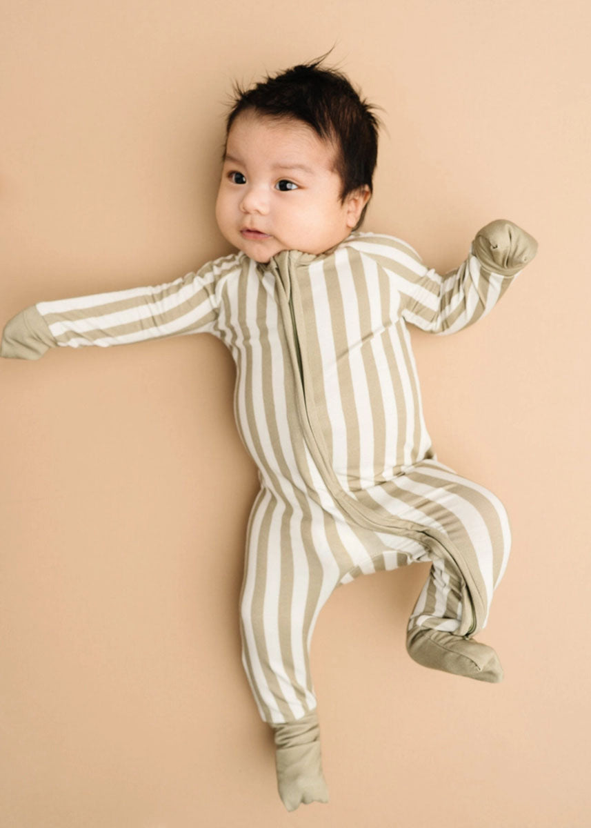 Bamboo Fold-Over Zipper Footie - Olive Stripe
