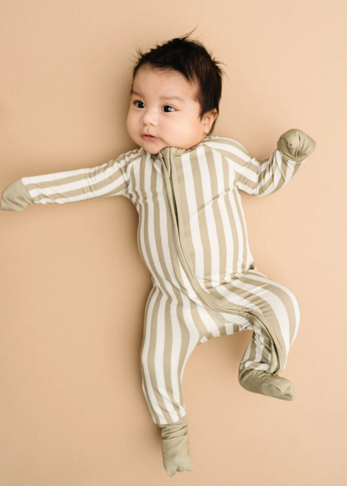 Bamboo Fold-Over Zipper Footie - Olive Stripe