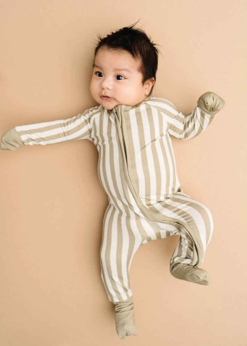 Bamboo Fold-Over Zipper Footie - Olive Stripe
