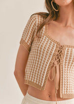 Amore Lace Up Crop Sweater - Taupe & White