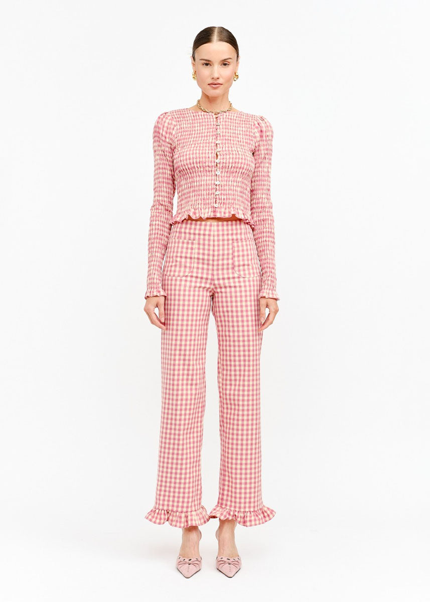 Paloma Straight Ruffle Gingham Pant - Pink