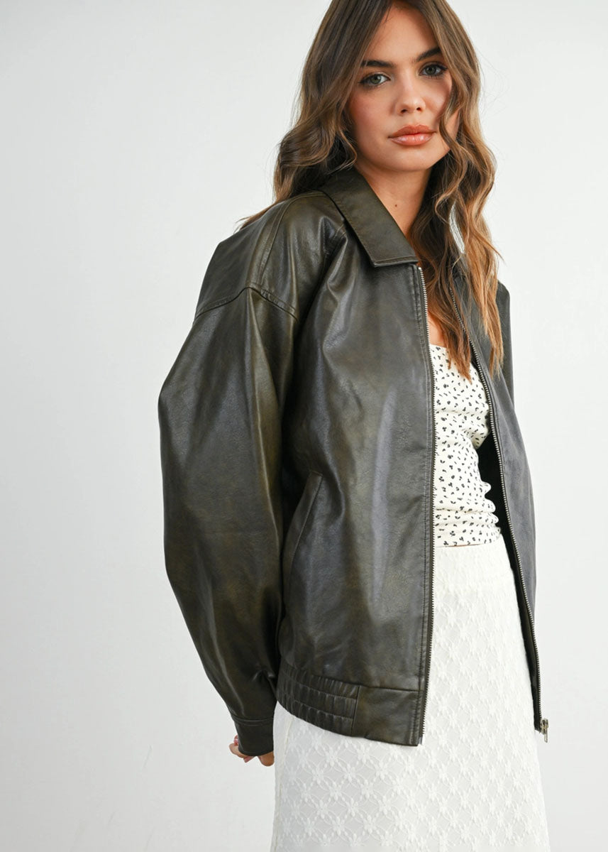 Delia Faux Leather Zip Jacket - Dark Olive