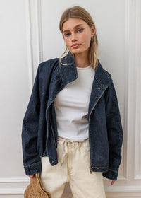 Hillary High Neck Drawstring Denim Jacket - Dark