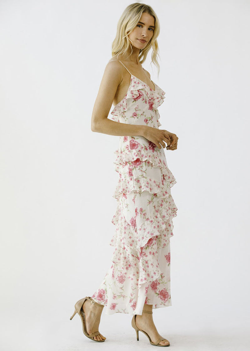 Jessa Floral Ruffle Maxi Dress - Ivory & Pink