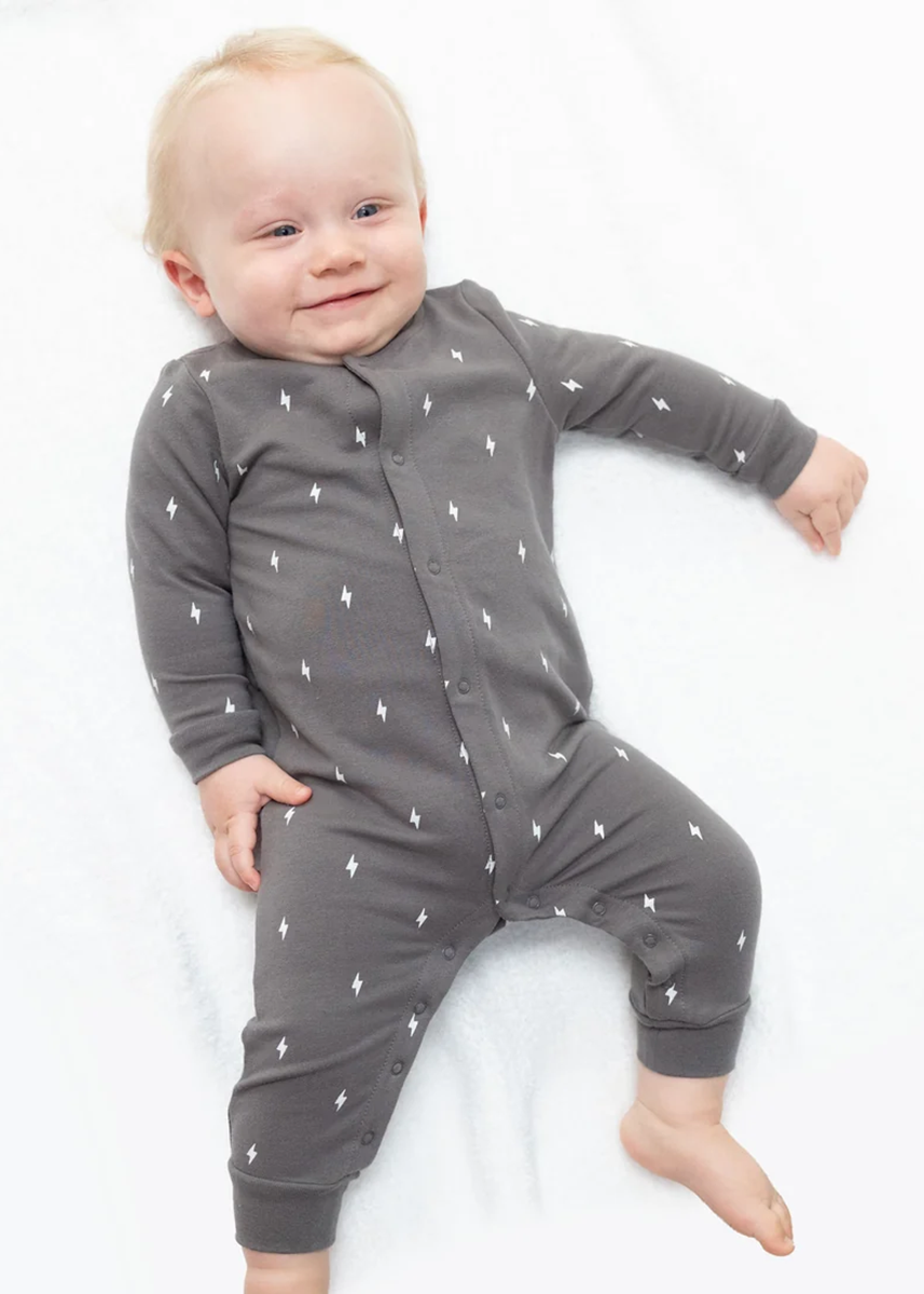 Baseball Collar Button-Up Romper - Lightning Bolts