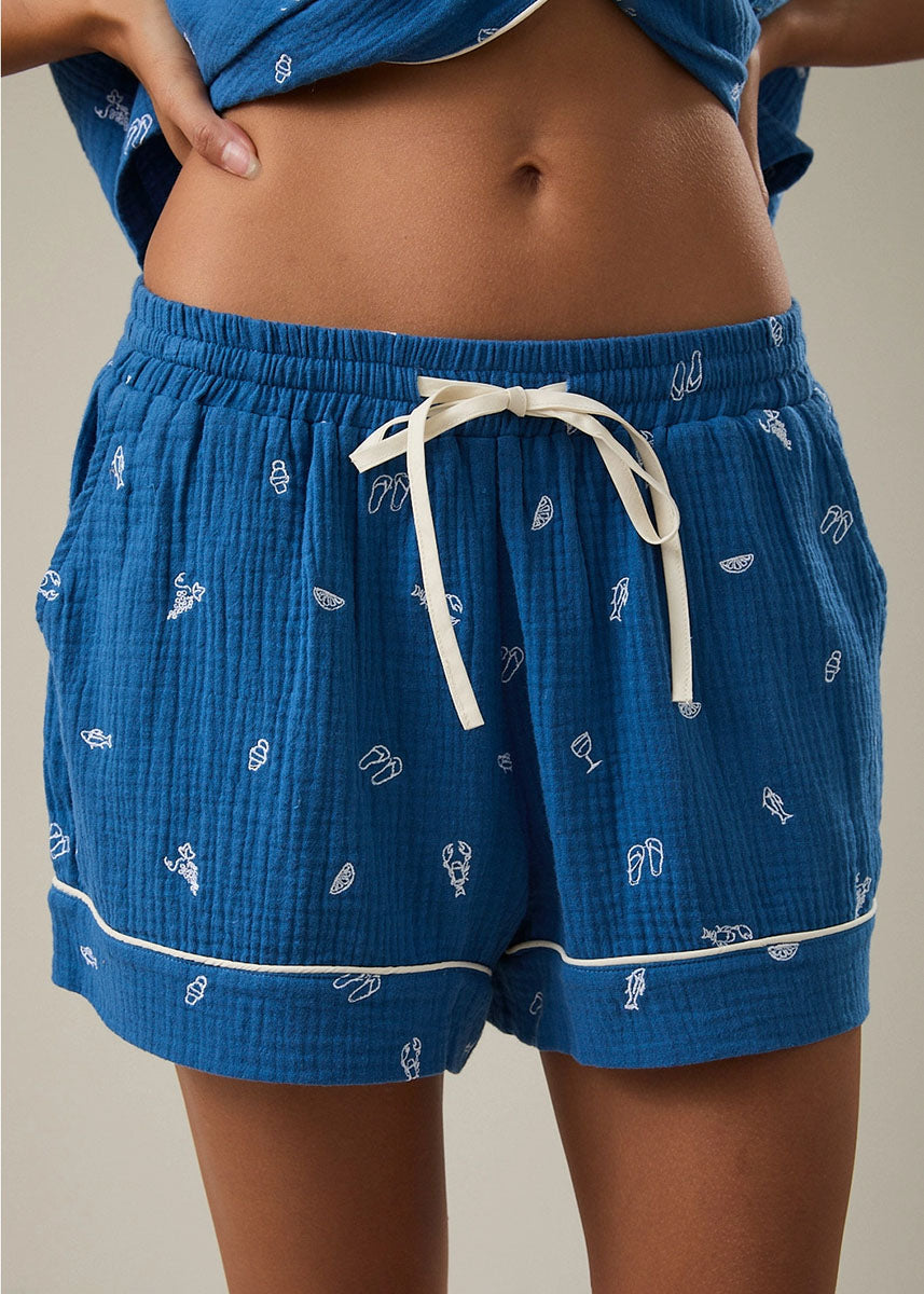Verona Embroidered Pajama Short - Blue & White