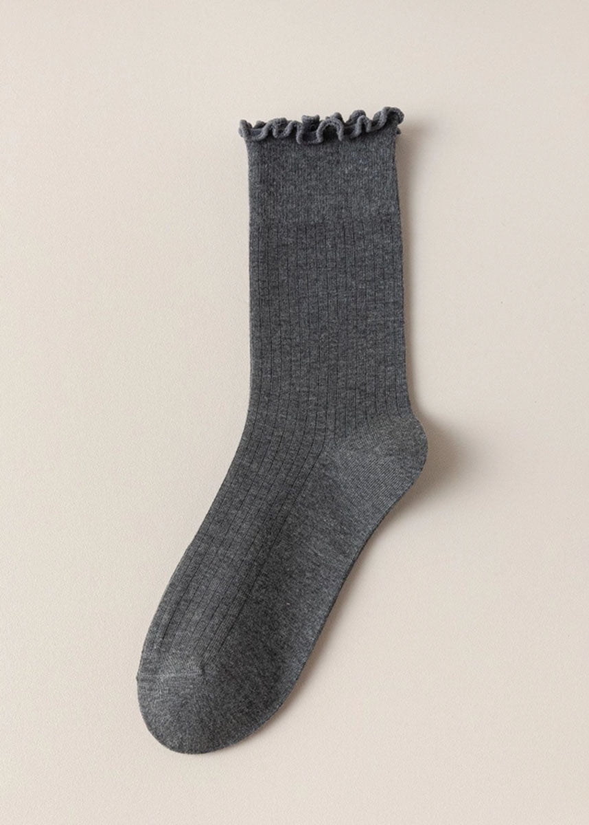 Ruffled Vertical Stripe Crew Socks - Dark Grey
