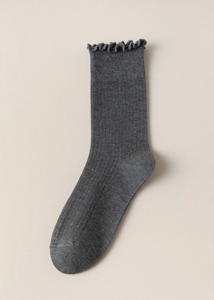 Ruffled Vertical Stripe Crew Socks - Dark Grey