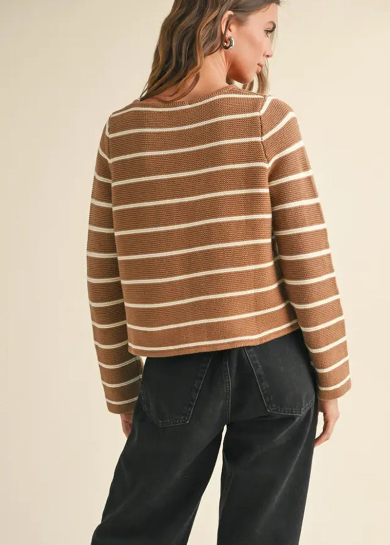 Nancy Striped Tie-Front Cardigan - Mocha & White