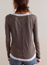 Two's A Charm Long Sleeve Top - Mocha & White Combo