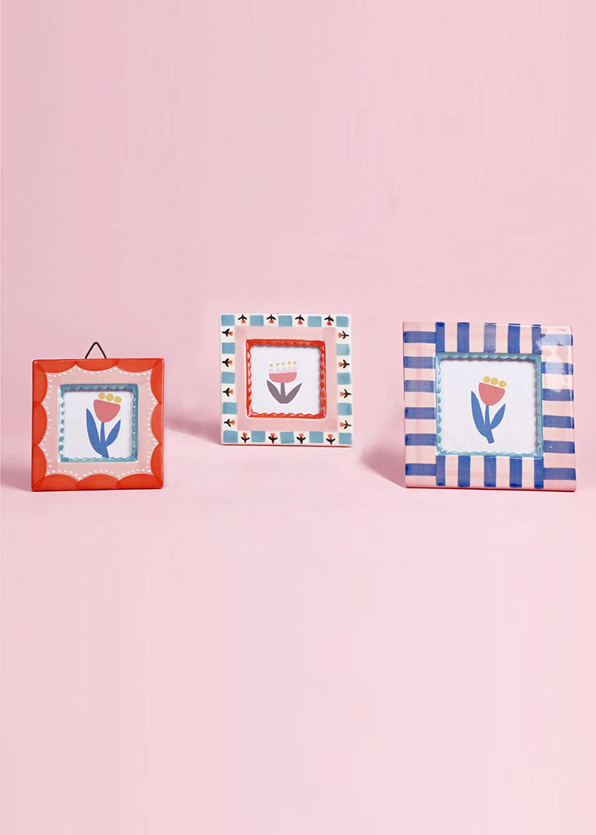 Square Ceramic Photo Frame - Blue Stripe