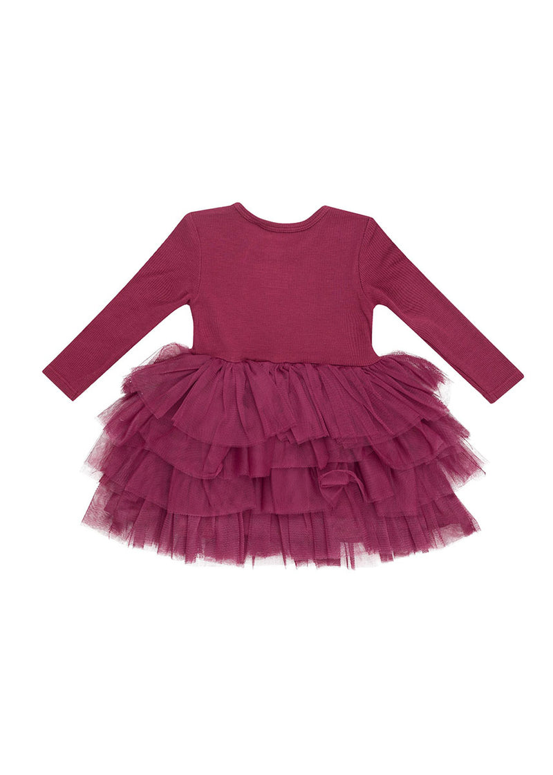 Ribbed Long Sleeve Layered Tulle Dress - Rose Bud