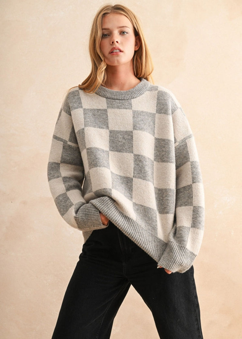 Twila Checker Sweater - Oatmeal Combo