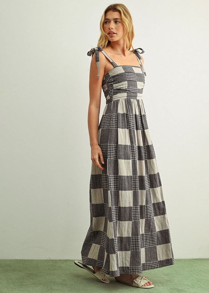 Nicole Gingham Patchwork Maxi Dress - Navy