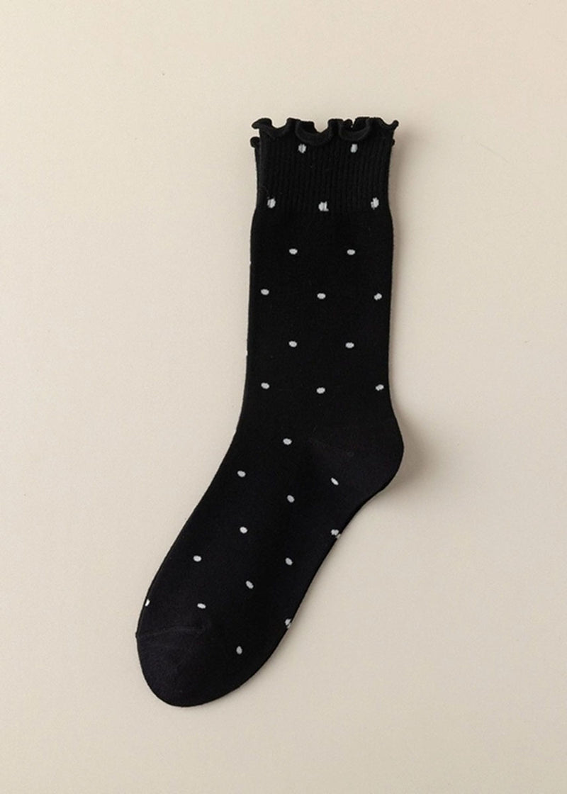 Polka Dot Ruffle Lace Mid Socks - Black