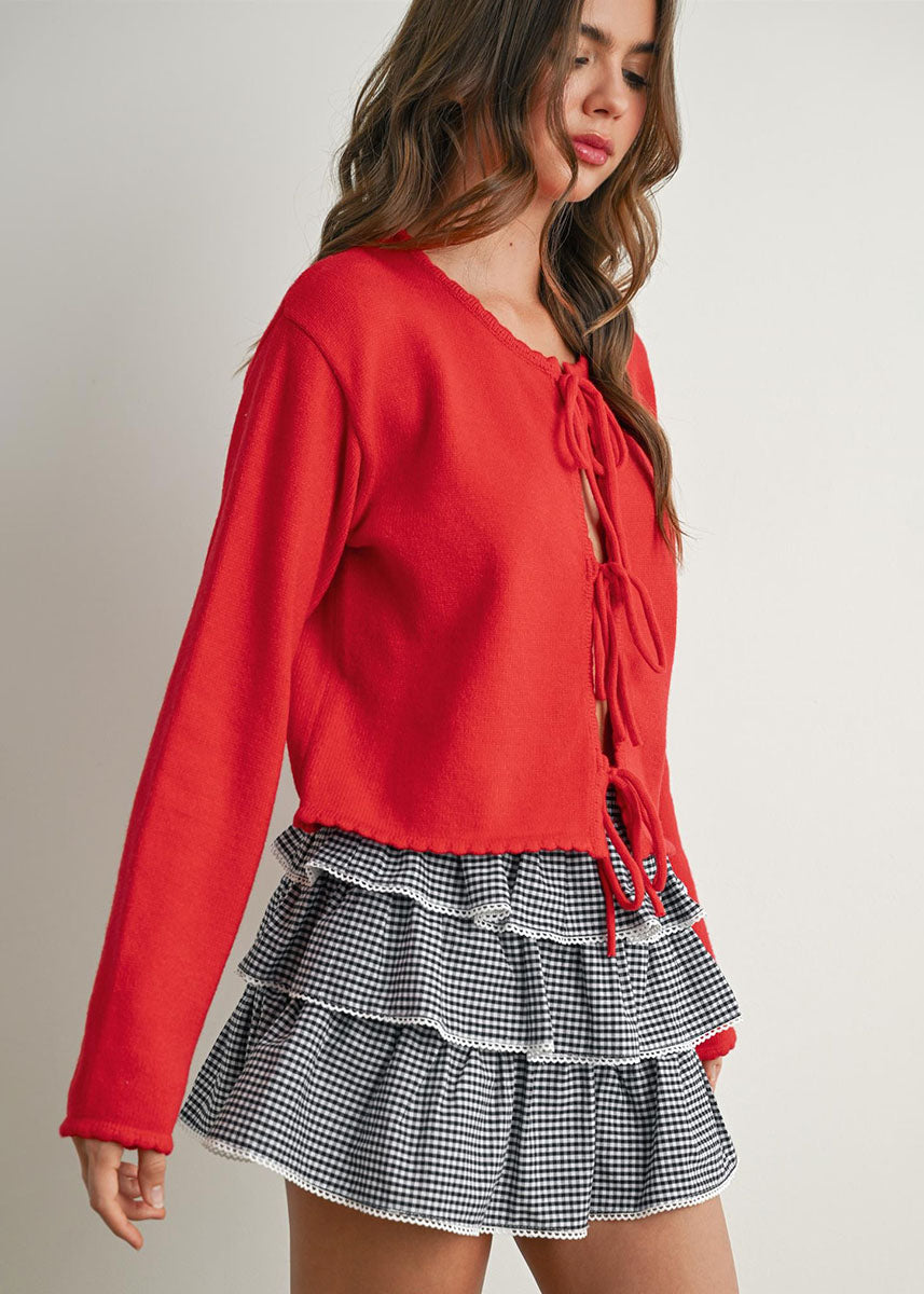 Remie Tie-Front Long Sleeve Top - Red