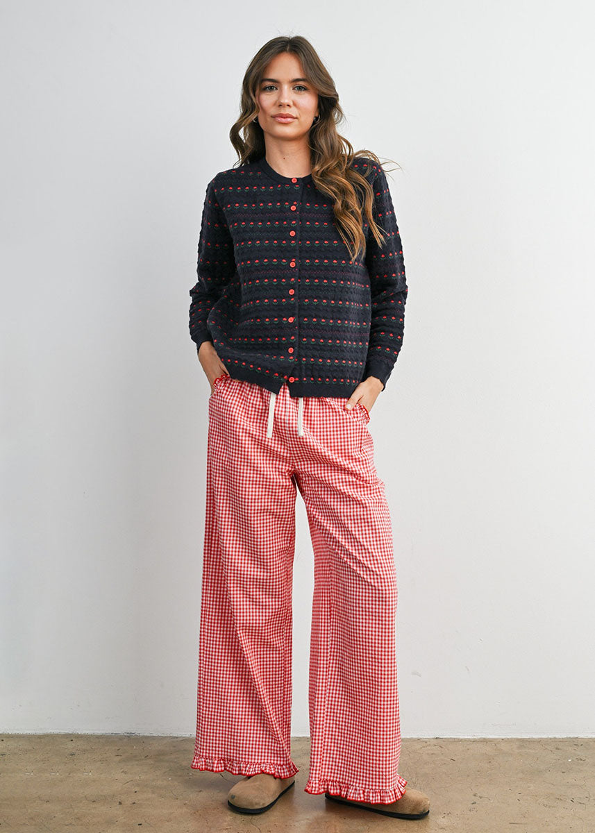 Poppy Striped Ruffle Hem Pant - Red & Ivory