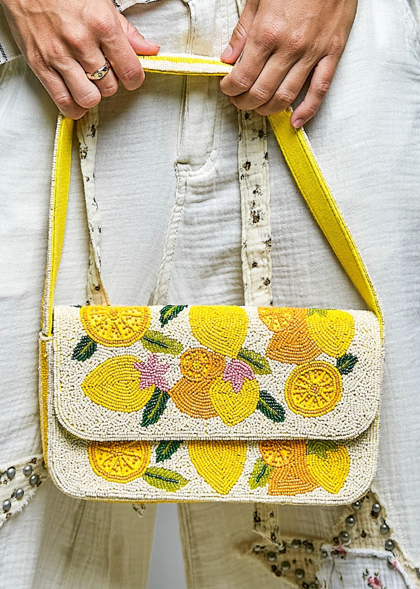 Summer Beaded Lemon Shoulder Bag - Ivory