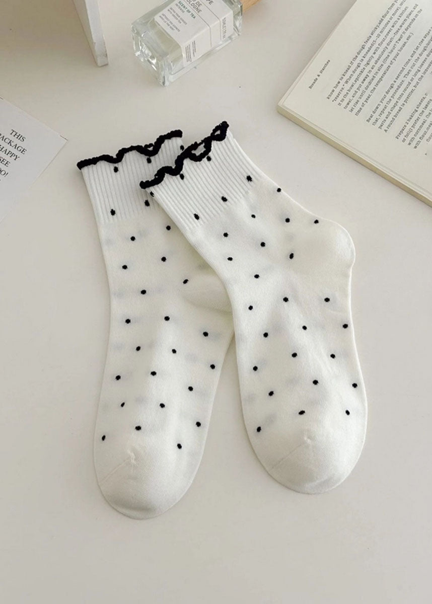 Polka Dot Contrast Ruffle Mid-Calf Socks - White